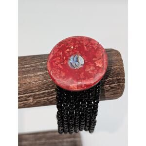 Red Coral Abalone Shell Black Glass Bead Multi-Strand Wire Cuff Bracelet